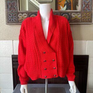 VTG 80s 90 Chaus Chunky Red Cable Knit Sweater double breasted Med shoulder pads